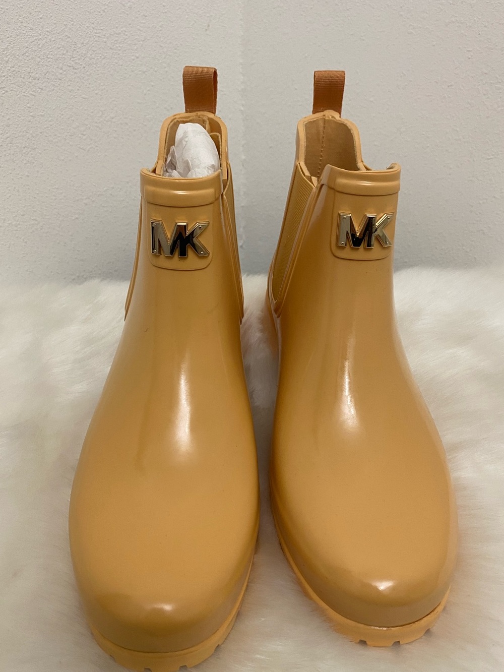 MICHAEL Michael Kors Sidney Rain Booties – Jasmine Yellow / Gold MK Hardware